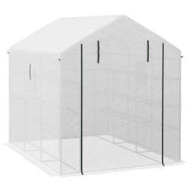 Outsunny Spacious Portable Greenhouse with Mesh Door, Shelves, and Plant Labels - 8x6 ft, White
